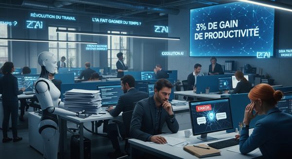 IA au bureau. Employés travaillant avec intelligence artificielle sur ordinateur, illustrant les faibles gains de productivité de 3% et les coûts cachés de correction des erreurs IA en entreprise